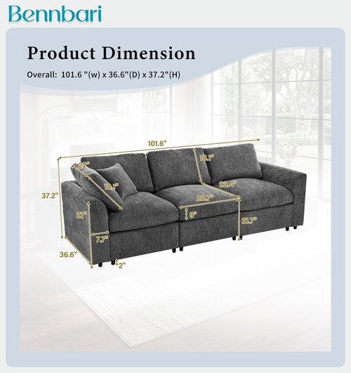 101.6 Inch Modern 3-Seater Sofa, Soft Chenille Fabric Couch with Solid Wood Frame, Layered Cushions, Deep Seat, Accent Pillow (Grey)