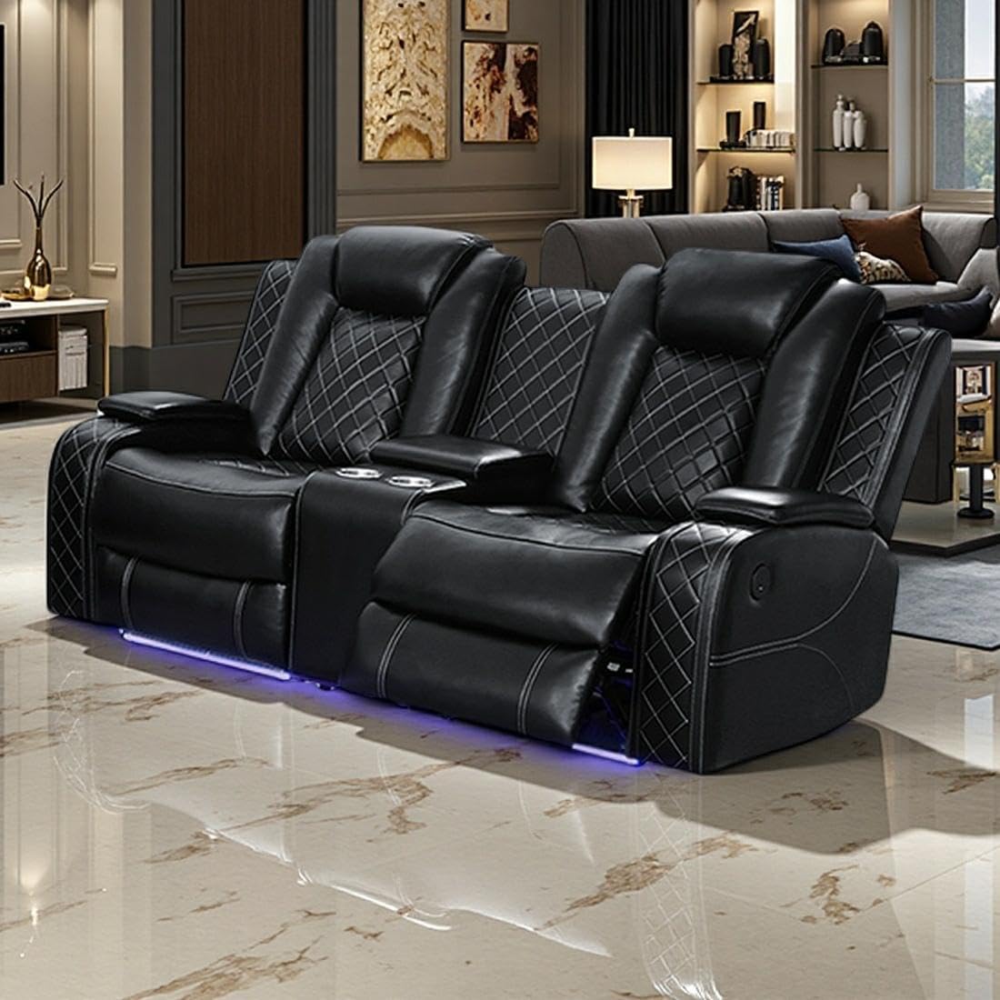 Power Recliner Sofa Set with LED Light, Black Leather Sectional Sofa and Chair Set, Living Room Furniture Sets, Modern Power Reclining Sets with Storage Console for House