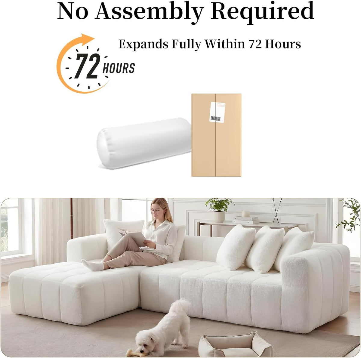 108 Inch Oversized Modular Sectional Sofa, L-Shaped Floor Couch with Extra Deep Seats, Modern Minimalist Upholstered Sofa, No Assembly Sofa Couch for Living Room, Bedroom, Apartment (Right-White)