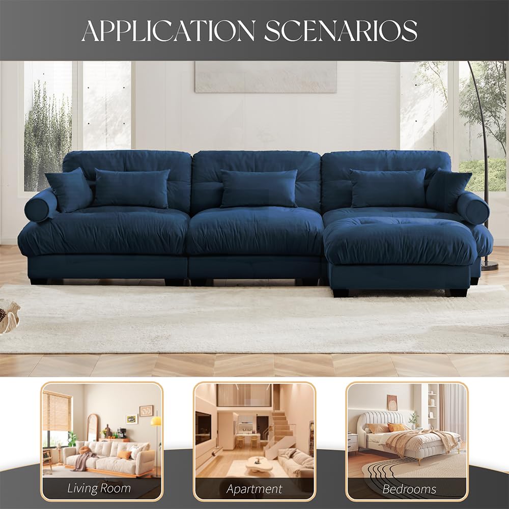 130" Cloud Couch, Oversized 3-Seater Couch with Ottomans and Pillows, Deep Seat L Shaped Sofa, Comfy Velvet Fluffy Sofas Modular Sectional Couches for Living Room (Blue, 3 Seat + 1 Ottoman)