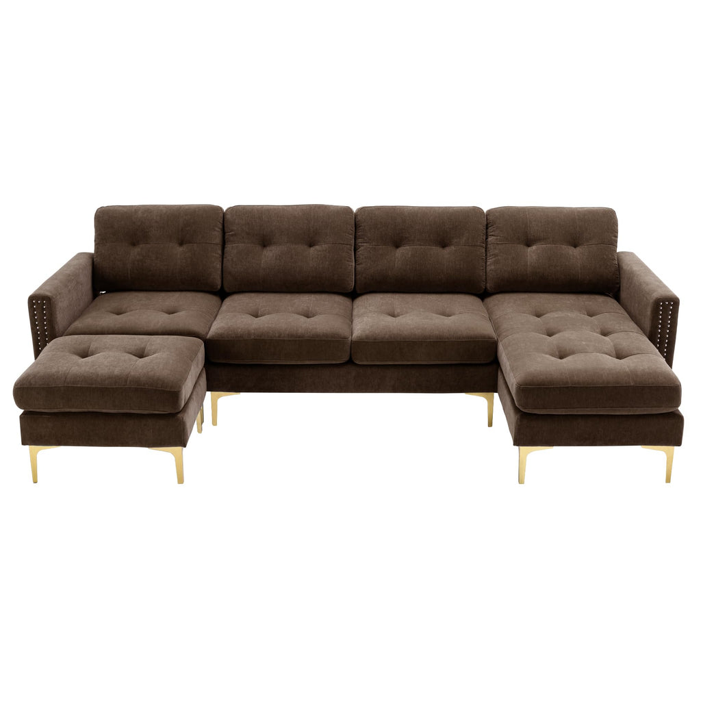 110.6" Velvet Sectional Sofa Couch with Chaise Lounge & Ottoman for Living Room, Modern Contemporary L-Shaped 4-Seat Tufted Sofa Couch for Apartment Office, Strong Metal Leg, Brown