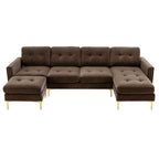 110.6" Velvet Sectional Sofa Couch with Chaise Lounge & Ottoman for Living Room, Modern Contemporary L-Shaped 4-Seat Tufted Sofa Couch for Apartment Office, Strong Metal Leg, Brown