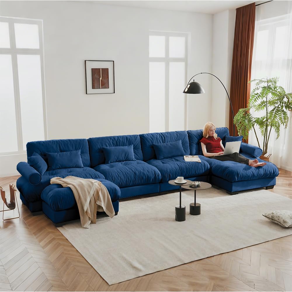 130" Cloud Couch, Oversized 3-Seater Couch with Ottomans and Pillows, Deep Seat L Shaped Sofa, Comfy Velvet Fluffy Sofas Modular Sectional Couches for Living Room (Blue, 3 Seat + 1 Ottoman)