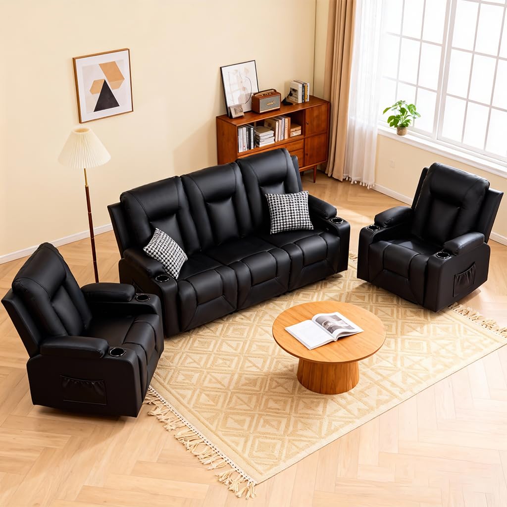 COMHOMA Living Room Furniture Set,Faux Leather Manual Recliner Sofa Sets