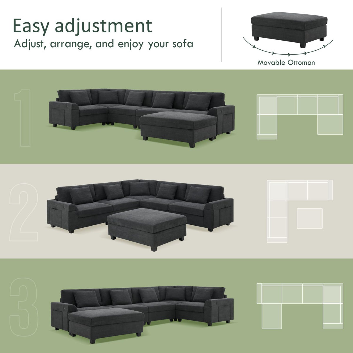 128 67" U Shaped Sectional Sofa Chenille Black Versatile Combination Options Living Room Apartment Modern