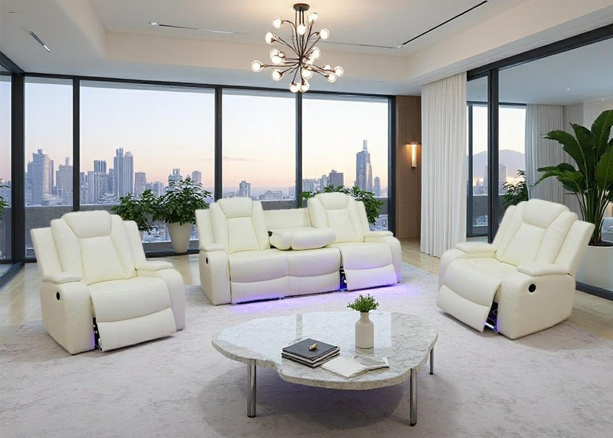 Power Recliner Sofa Set with LED Light, Black Leather Sectional Sofa and Chair Set, Living Room Furniture Sets, Modern Power Reclining Sets with Storage Console for House