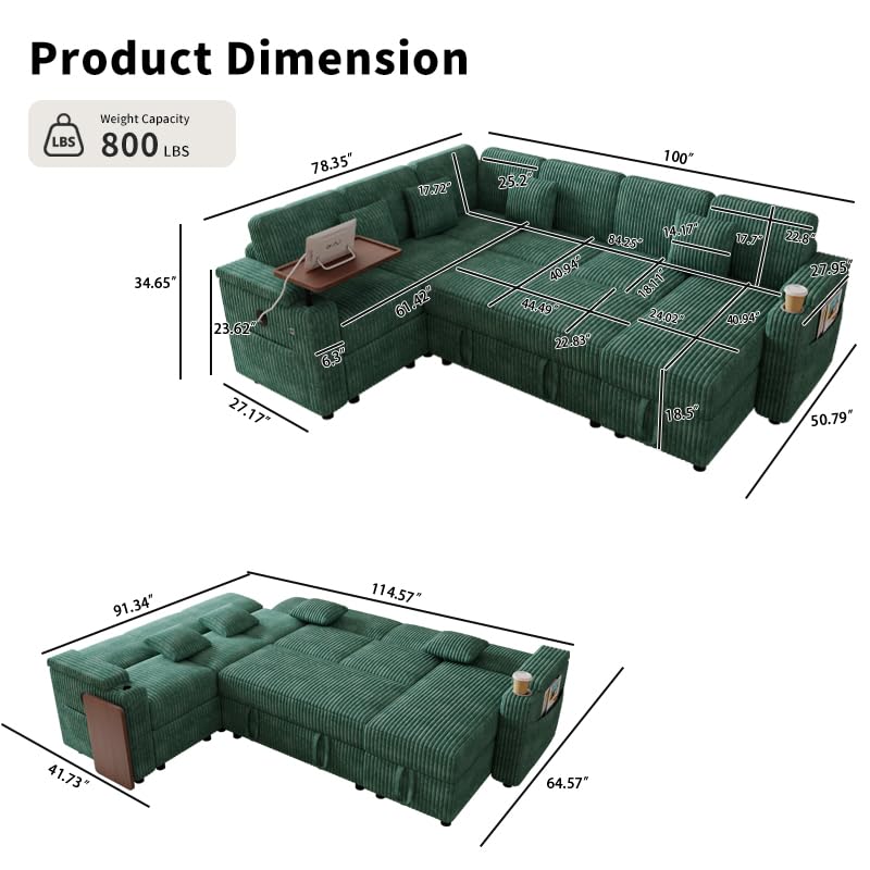 100" Modular Sectional Sleeper Sofa with Pull Out Bed/Side Table/USB Charging/Storage Chaise, Comfy Convertible Cloud Couch, U Shaped 7 Seat Corduroy Sofa with Cup Holders,Green