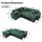 100" Modular Sectional Sleeper Sofa with Pull Out Bed/Side Table/USB Charging/Storage Chaise, Comfy Convertible Cloud Couch, U Shaped 7 Seat Corduroy Sofa with Cup Holders,Green
