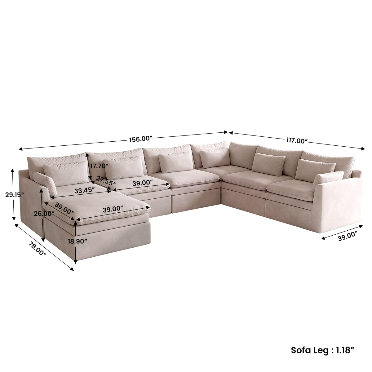 WJShome Oversized Modular Sectional Sofas, Modern Deep Seat 7-Seater Sectional Couches for Living Room, Modular Sofa with Recliner Ottoman, Solid Wood Frame, Cover Washable & Replaceable, Khaki