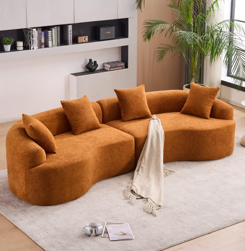 110.2" Boneless Curved Modular Sofa, Modern S-Shaped Chenille Upholstered Couch with 4 Pillows, Spring & Foam Support Soft Packed Sofa for Small Space Living Room, Home Decor (Caramel, 4)