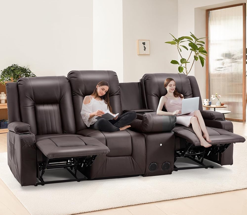YODOLLA Reclining Loveseat Sofa with Dual Center Console, 4 Cup Holders, 2 Side Pockets, Manual Wall Hugger Recliner Couch for RV and Living Room, Faux Leather Brown