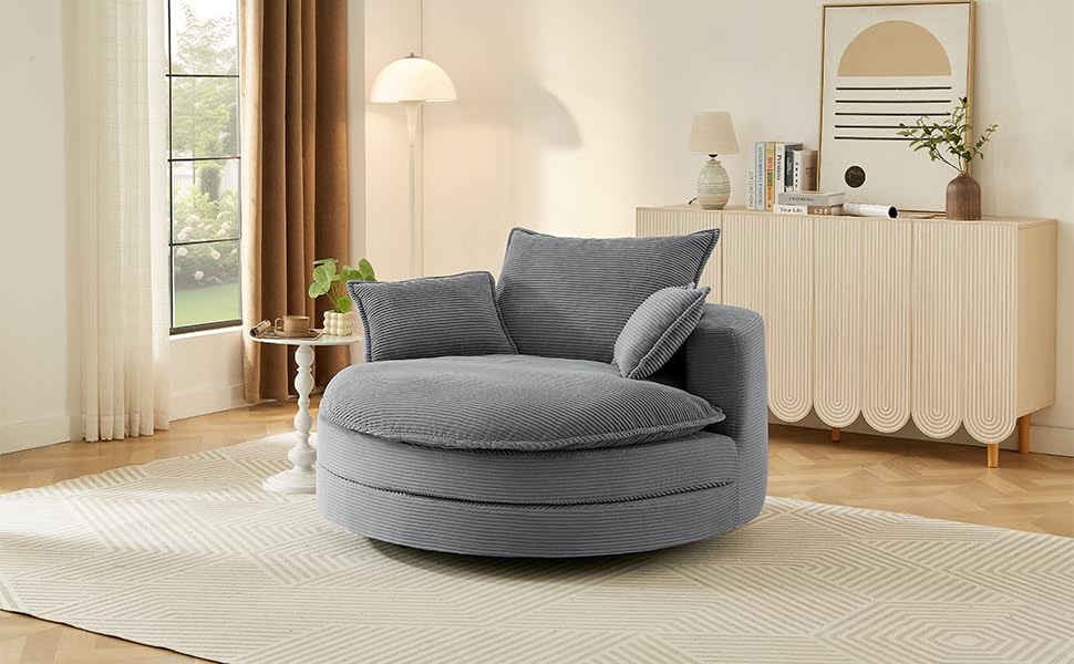 Tidyard 360° Swivel Accent Chair with Dual-Layer Cushion & 3 Pillows, 57.? Round Barrel Sofa for Living Room, Bedroom, Office, Grey