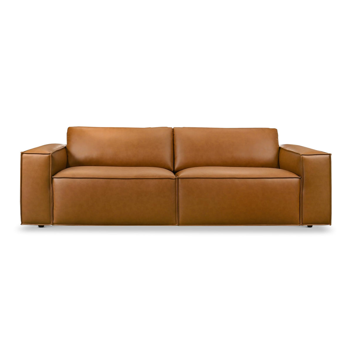 Zion Mid-Century Modern Wide Armrest Comfortable Leather Sofa in Cognac Tan