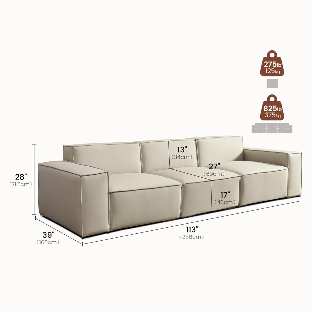 112.6" Modular Vegan Leather Sofa, Scratch-Resistant Deep Seat Couch with Solid Wood Frame, Modern 3-Seater Sectional Sofa for Living Room, Pet-Friendly Upholstered Sofa, Gray
