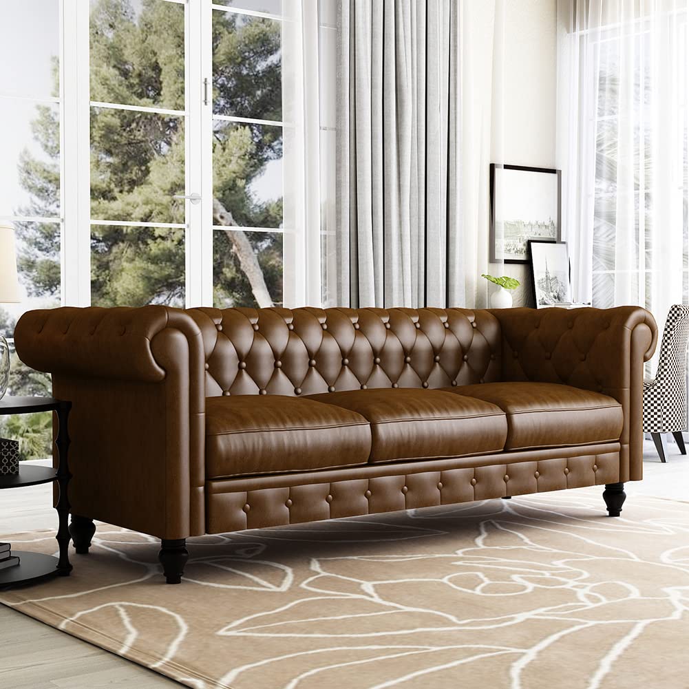 WILLIAMSPACE 88.2" Chesterfield Sofa Couch for Living Room, 3 Seater Couches Upholstered Tufted PU Sectional Sofa for Office Apartment - Brown