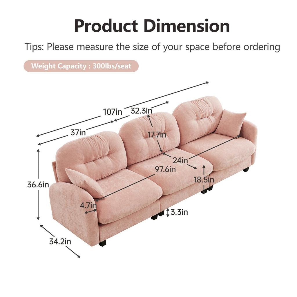 107" L Shaped Couch, Chenille Upholstered Modular Sectional Sofa, 3 Seater Deep Seat Sofa with Movable Ottoman, Modern Cloud Couch with Thick Seat Cushion, Sectional Couches for Living Room, Pink