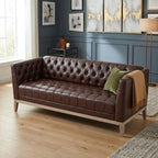 ZenithX 79.1" 3‑Seater Faux Leather Sofa, Mid‑Century Modern Chesterfield Couch with Button Tufted, PU Upholstery & Solid Pine Wood Legs, Vintage Sofa for Living Room, Apartment, Office