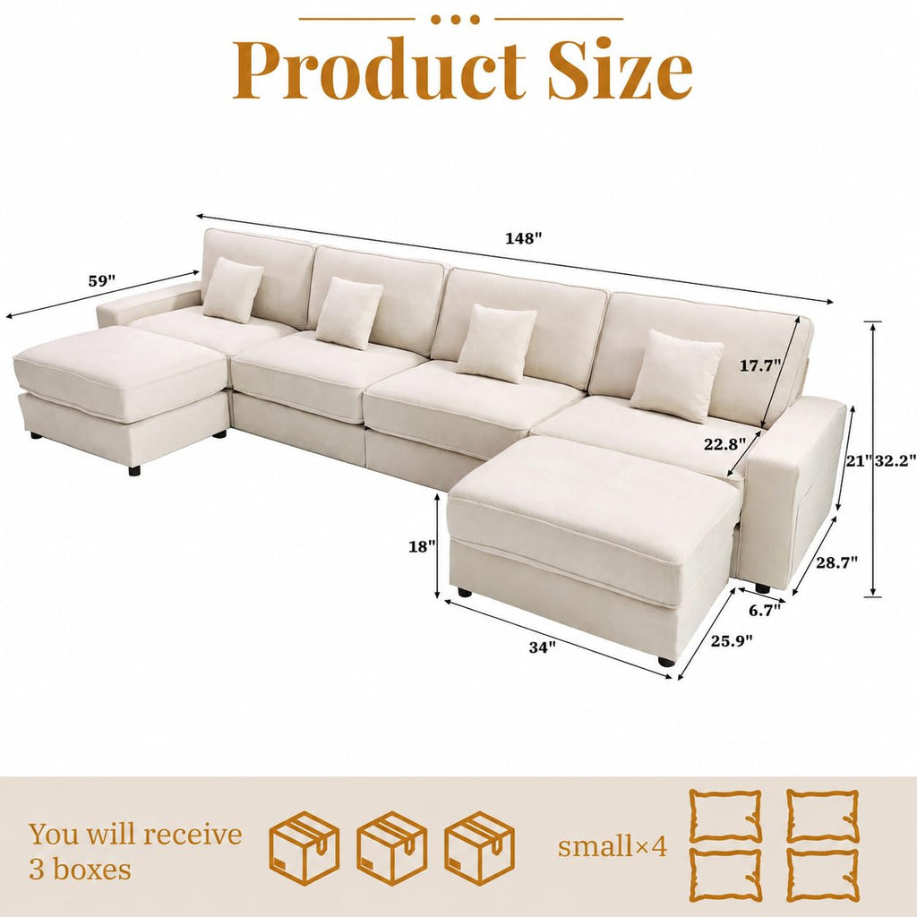 Vipbear 148" Modular Sectional U Shaped Sofa Couches,for Living Room,Oversized Cloud Couch with Movable Ottoman,Comfy Chenille Sofa with Pillow,Side Pockets,Bedroom,Apartment,Beige