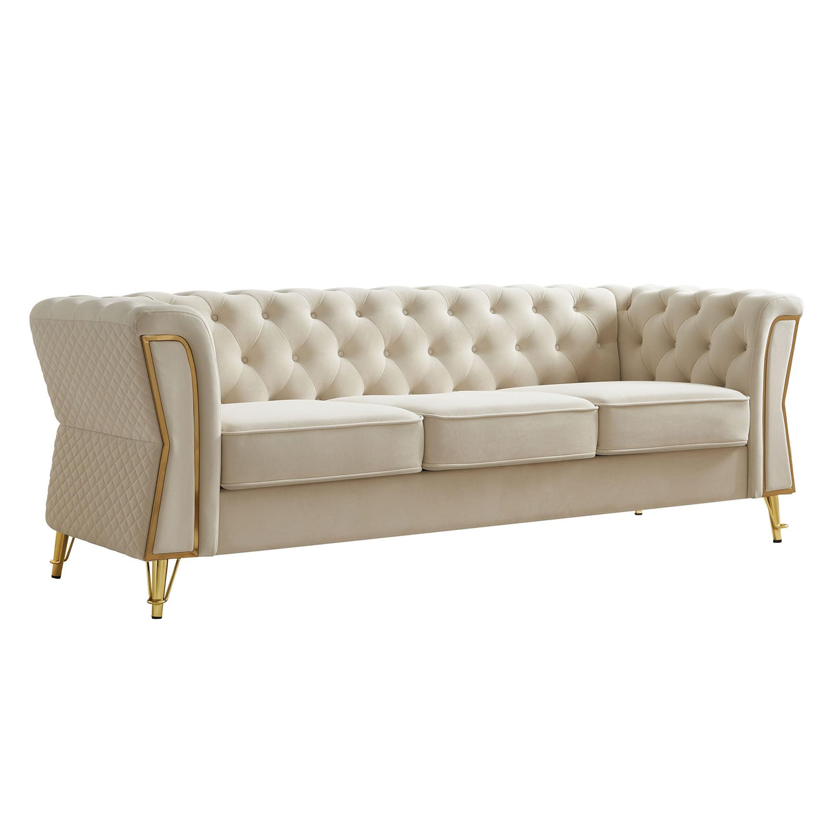 Velvet Sofa, Modern Couch, Tufted Sofa, 87.4 Inch Beige Upholstered Seating with Gold Metal Accent, Solid Wood Frame, Metal Legs, Deep Seat Cushions for Living Room