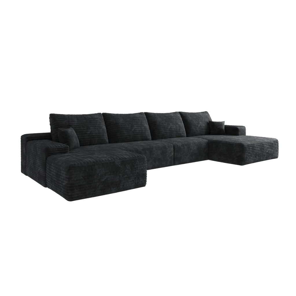 107" Plush Corduroy Deep Seat Chaise Lounge Indoo, Modern Boneless Compressed Floor Sectional Sofa with High-Resilience Foam, Free Combination Modular Cloud Sectional Sofa for Living Room, Black