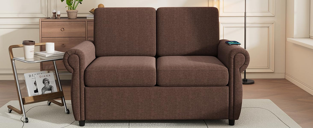 Tidyard 57.? Pull Out Sofa Bed Loveseat with Twin Memory Foam Mattress & 2 USB Ports, Brown for Living Room, Apartment, Dorm