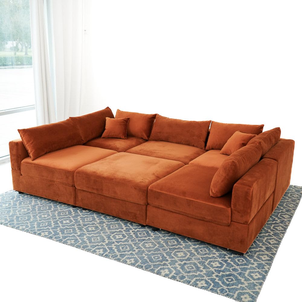 Velvet Modular Sofa in Burnt Orange, Sectional with L-Shape Design, Easy Assembly for Contemporary Homes