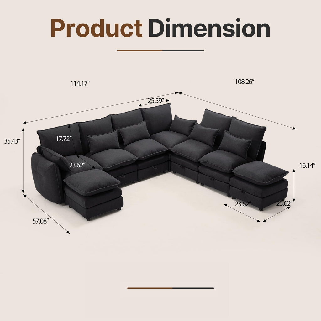 114" Modular Sectional Sofa, Sectional Couches for Living Room, U Shaped Cloud Couch with Storage, Waterproof, Wide and Deep Seat, 6 Seats 2 Ottomans (Black)