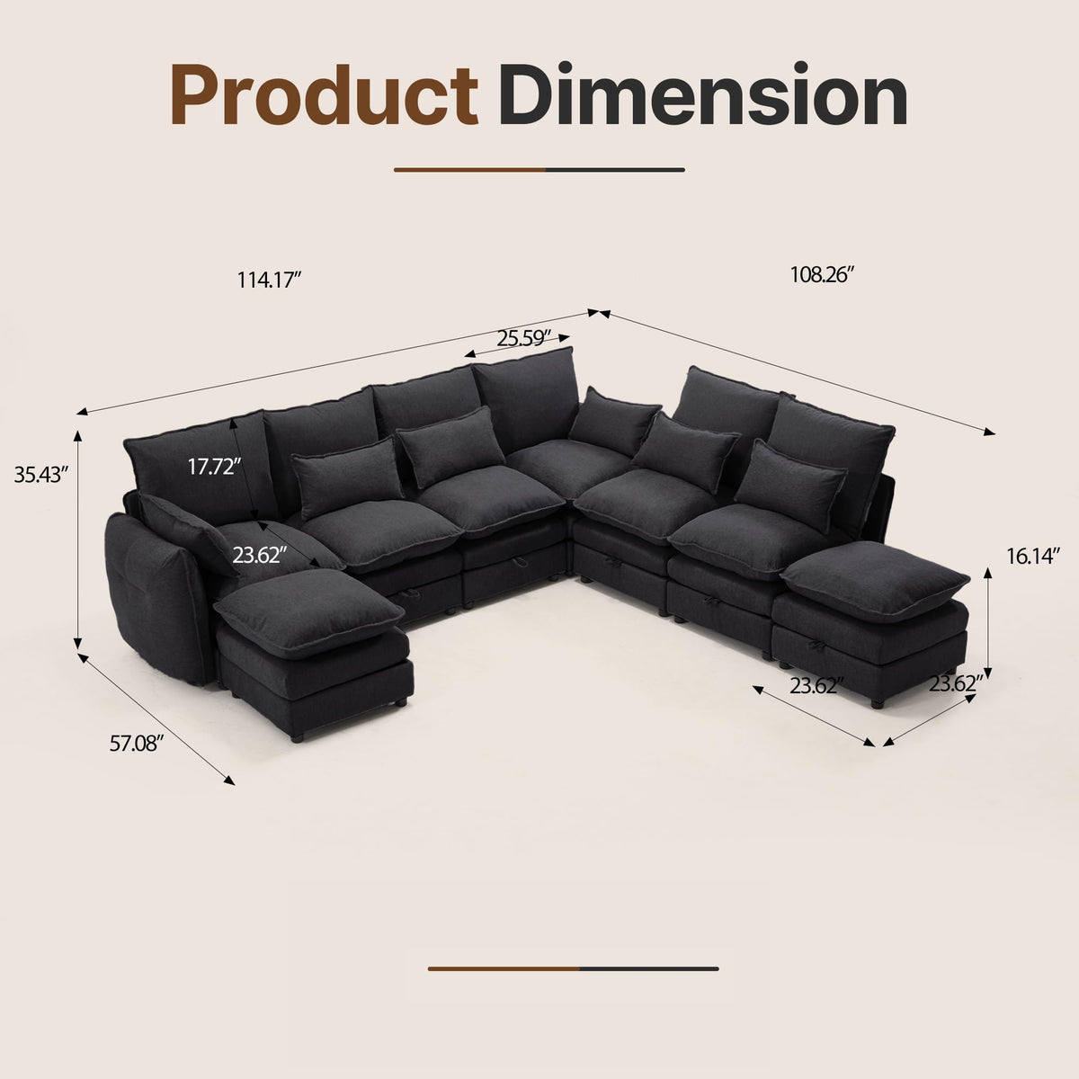 114" Modular Sectional Sofa, Sectional Couches for Living Room, U Shaped Cloud Couch with Storage, Waterproof, Wide and Deep Seat, 6 Seats 2 Ottomans (Black)