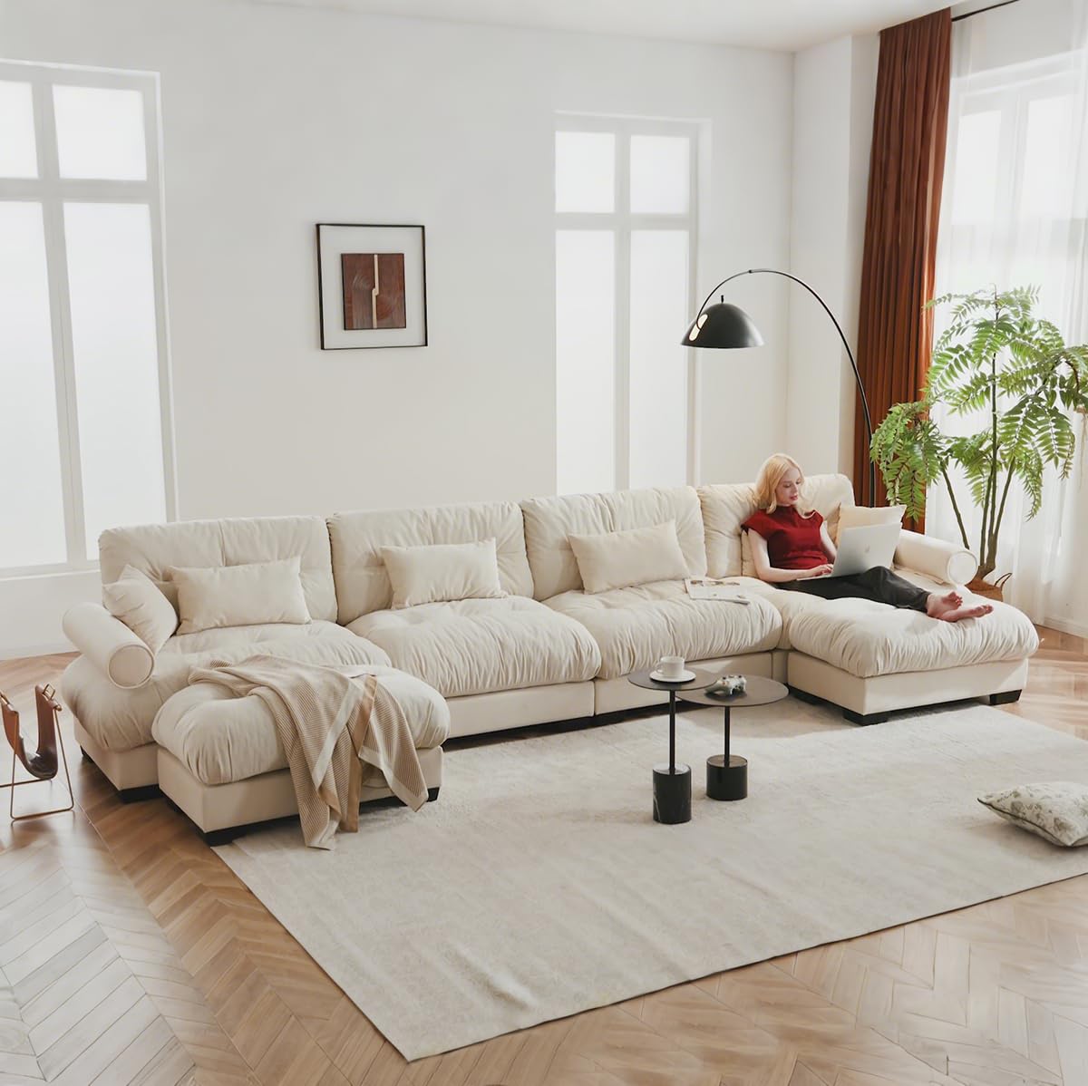 130" Cloud Couch, Oversized 3-Seater Couch with Ottomans and Pillows, Deep Seat L Shaped Sofa, Comfy Velvet Fluffy Sofas Modular Sectional Couches for Living Room (Blue, 3 Seat + 1 Ottoman)