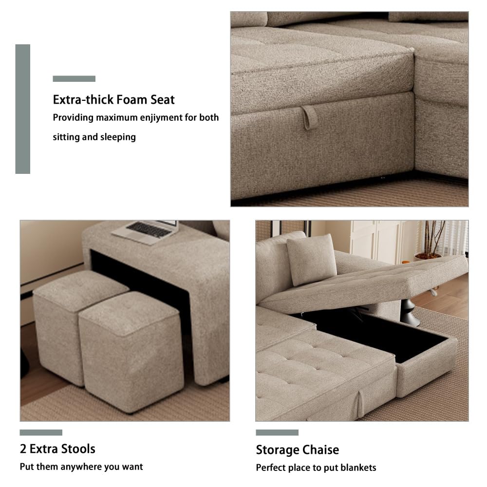 104.5 Inch Modern L-Shaped Reversible Sectional Sofa with Storage Chaise Lounge and Sleeper Bed Function for Living Room (Cream + Chenille + 3 Seat + Foam)