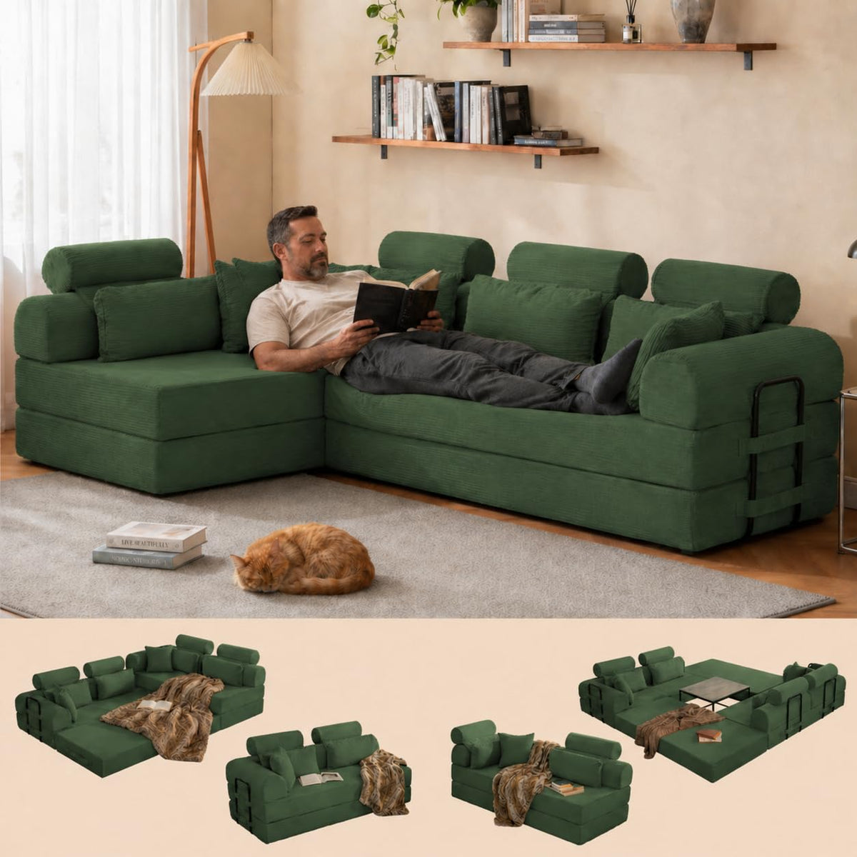 106" Convertible Sleeper Sectional Sofa Bed, 4-in-1 Corduroy Boneless Couch with Fixed-Shape Frame, Modular L-Shaped Sofa with Pillows, Fold Out Floor Sofa for Living Room Apartment (Dark green)