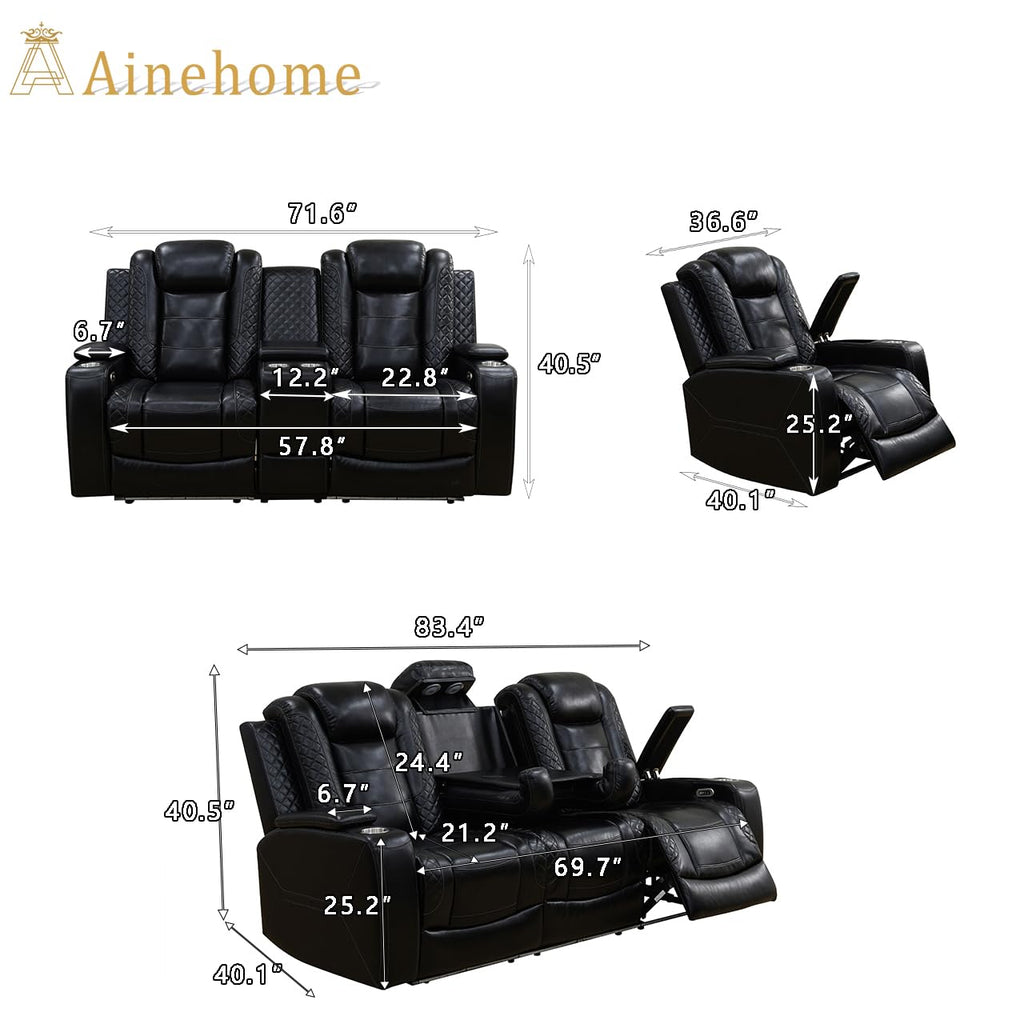 A Ainehome Power Leather Recliner Sofa Set with LED Lights, Recliner Sofa Sectional Couches for Living Room, Reclining Sofa, loveseat, Chair with USB Port/Storage Console/Cup Holder(black,3-piece set)