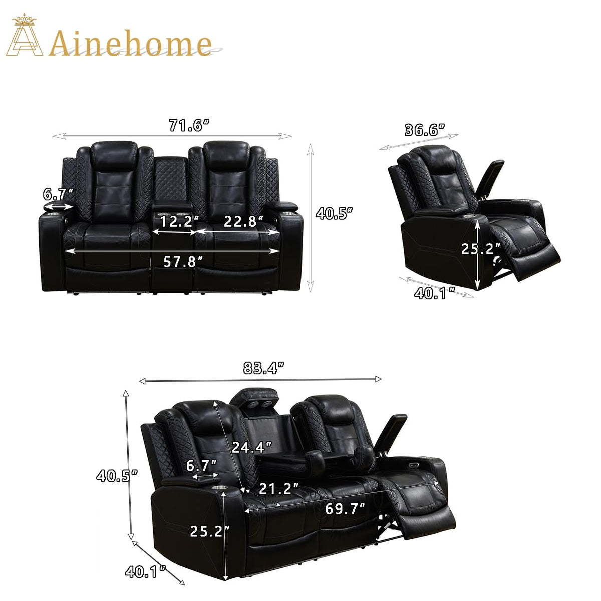 A Ainehome Power Leather Recliner Sofa Set with LED Lights, Recliner Sofa Sectional Couches for Living Room, Reclining Sofa, loveseat, Chair with USB Port/Storage Console/Cup Holder(black,3-piece set)