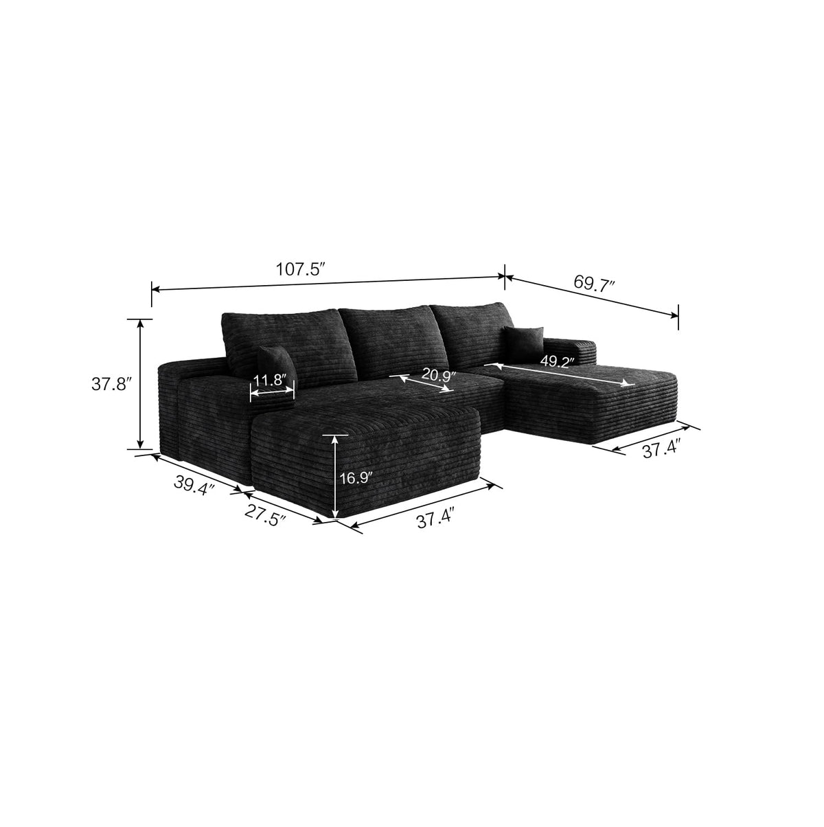 107" Plush Corduroy Deep Seat Chaise Lounge Indoo, Modern Boneless Compressed Floor Sectional Sofa with High-Resilience Foam, Free Combination Modular Cloud Sectional Sofa for Living Room, Black