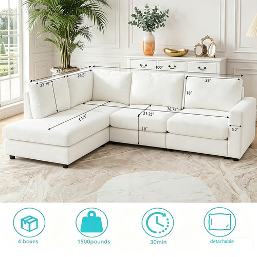 100" Modular Sectional Sofa with Reversible Chaise, Comfy L-Shaped Couch with Deep Seat, Modern Chenille 4-Seater Sectional Couches for Living Room, Apartment, Beige