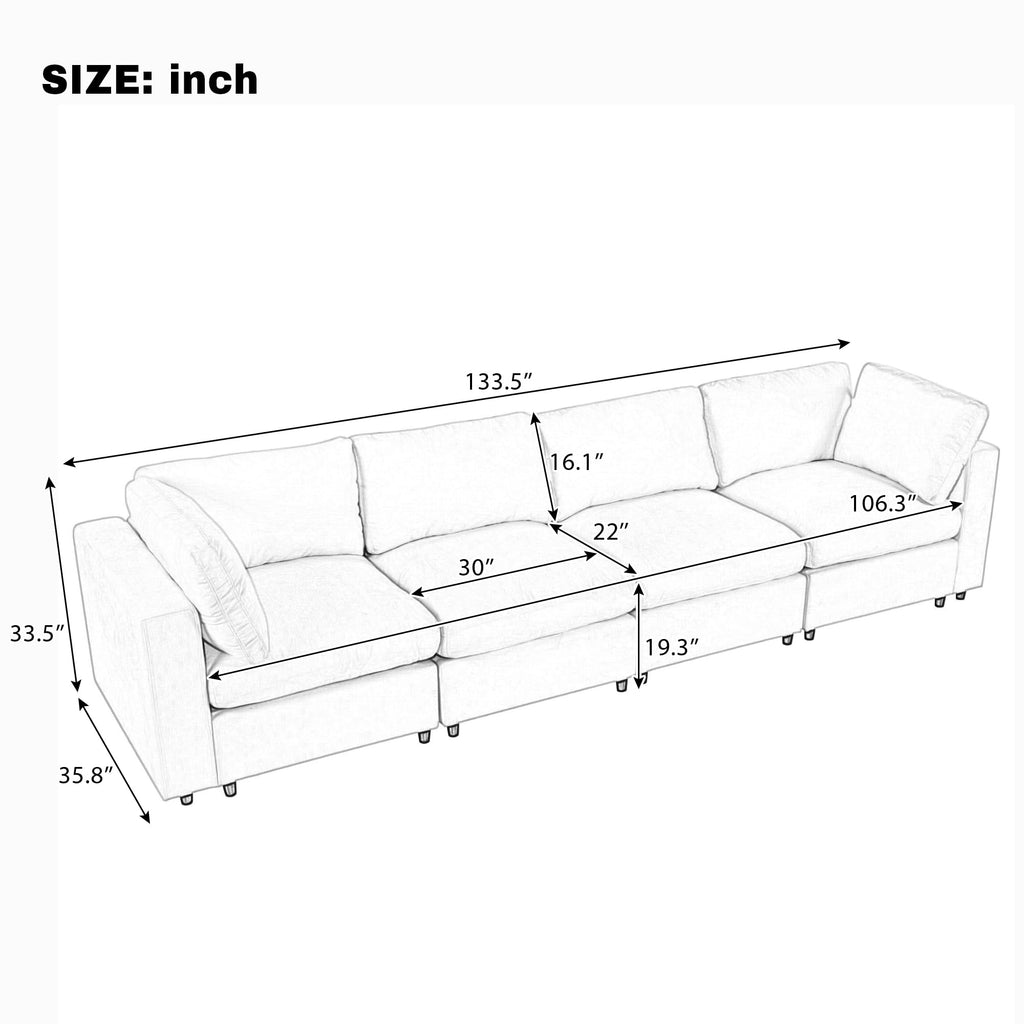 U-style 133.5" Upholstered Modular Sofa with Storage Space, USB Charge Por