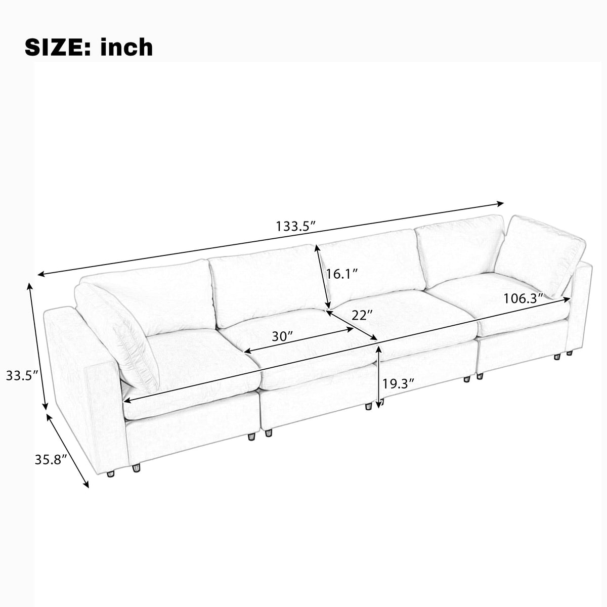 U-style 133.5" Upholstered Modular Sofa with Storage Space, USB Charge Por