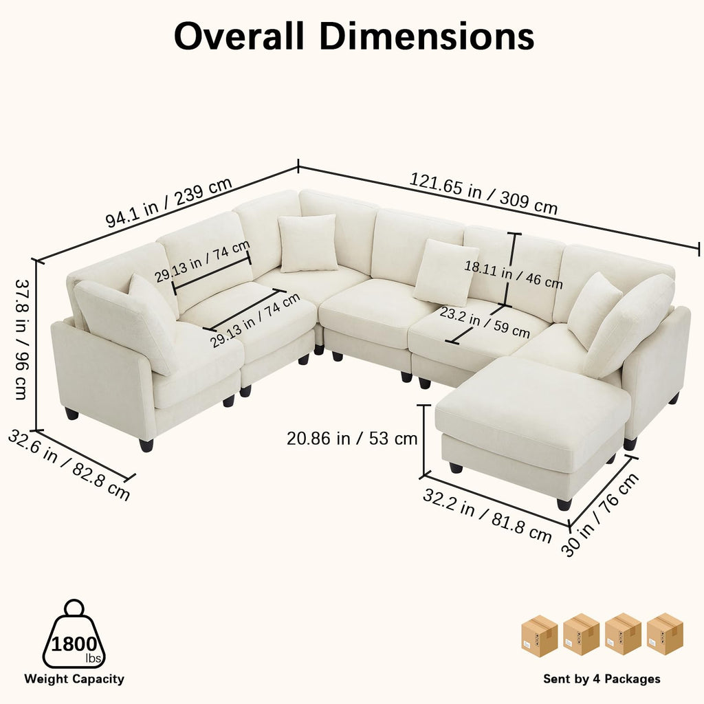 121'' 7-Seater Modular Sectional Upholstered Couches, Chenille Cloud Couch with Movable Ottoman,L/U-Shape Modern Sofa for Living Room,Beige