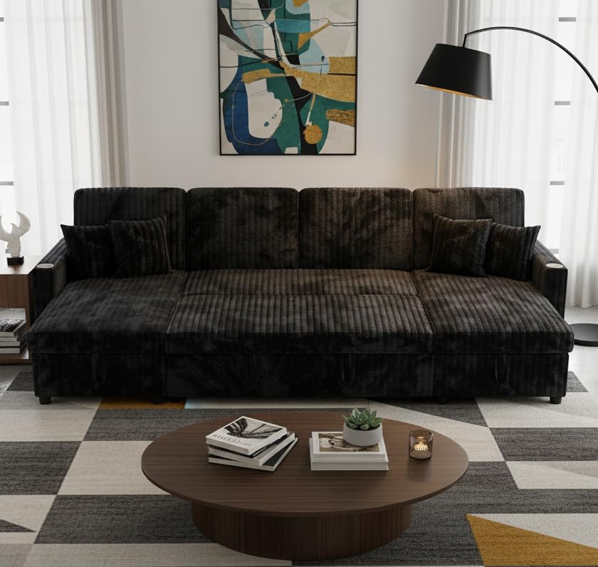 118" Sleeper Sectional Sofa, Comfy U Shaped Couch with Pull Out Bed, Convertible Corduroy Cloud Sofa with Double Storage Chaise, USB, Small Desktop, Modular Couch for Living Room, Black