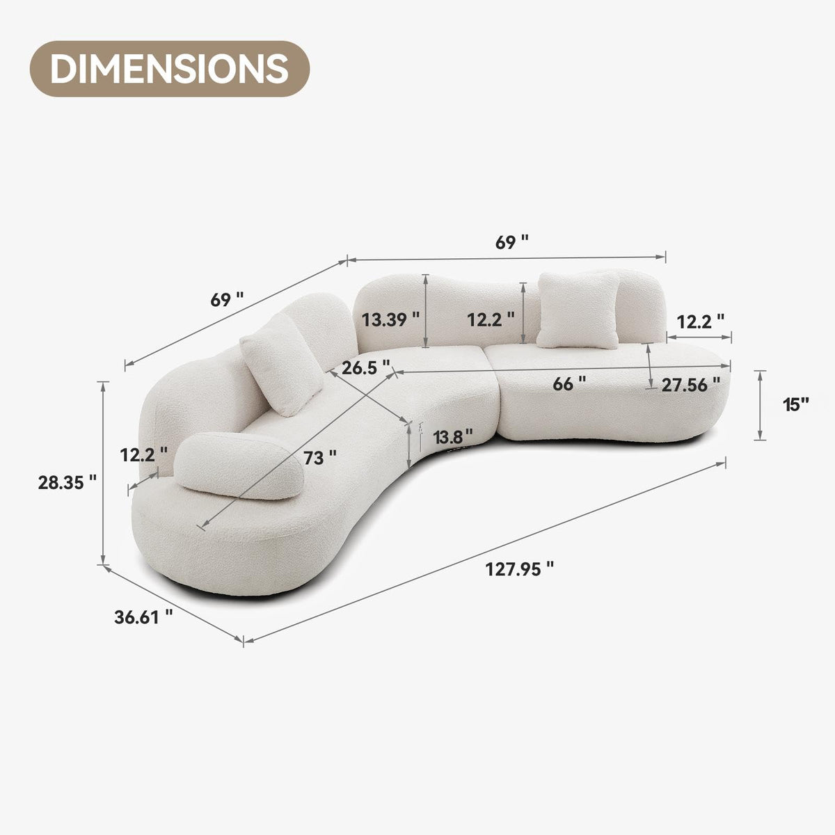 127" White Curved Boucle Modular Sofa, 5 Seater Cloud Couch for Living Room