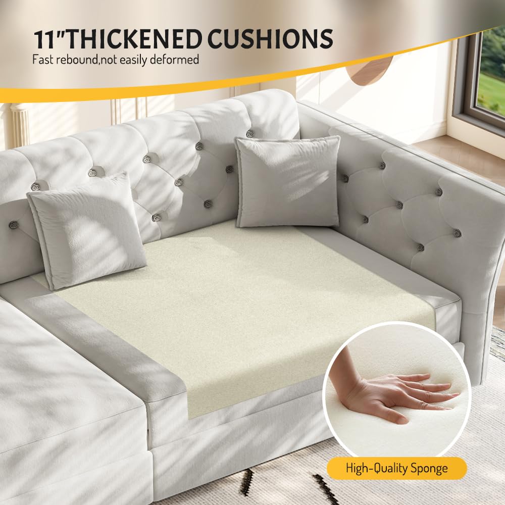 Velvet Pull Out Sofa Bed, Convertible Sleeper Sofa with Deep Seat, Handmade Tufted Back and 2 Pillows, Compact Couch Bed for Small Living Room, Apartment (Light Grey, 100")
