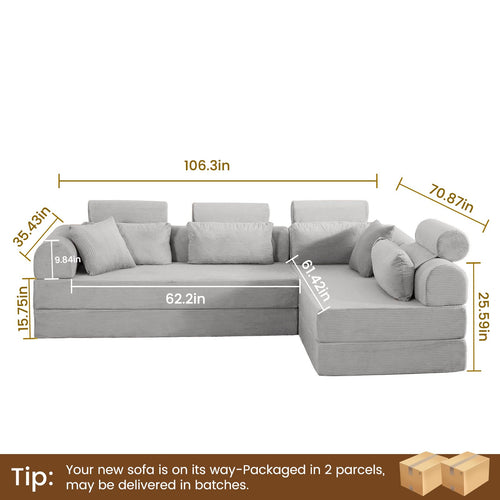 106" Convertible Sleeper Sectional Sofa Bed, 4-in-1 Corduroy Boneless Couch with Fixed-Shape Frame, Modular L-Shaped Sofa with Pillows, Fold Out Floor Sofa for Living Room Apartment (Light gray)