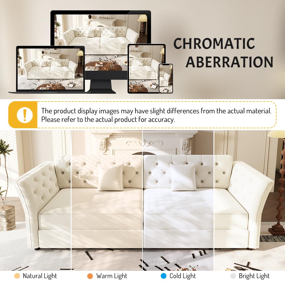 100'' Sleeper Sofa Bed California King, Velvet Chesterfield Couch, Beige