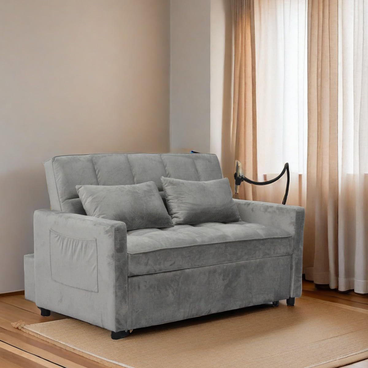 Velvet Loveseat Futon Sofa Couch Pullout Bed, 55.33" Love Seat Lounge Sofa Bed,Armrest with Three USB Ports, Two Side Pockets, Two Cup Holders and 360°Swivel Phone Holder for Living Room, Grey