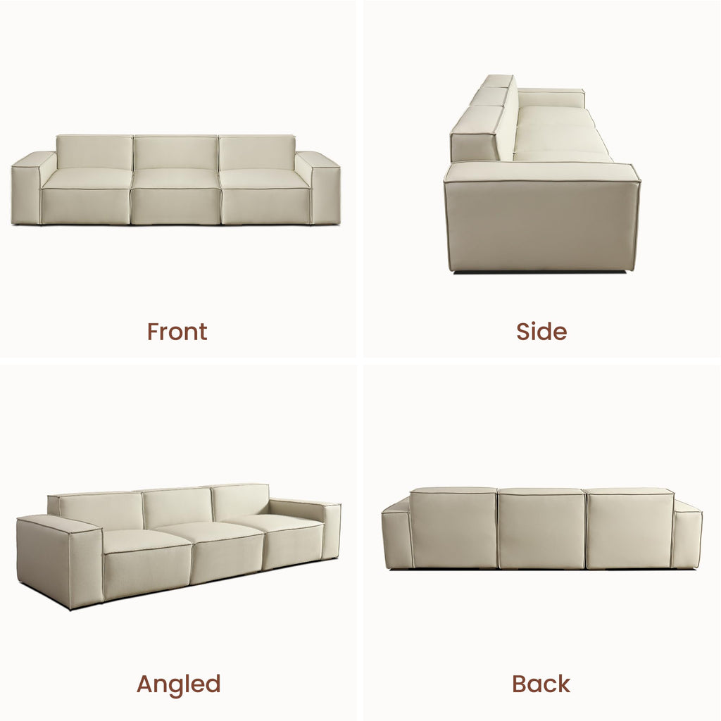112.6" Modular Vegan Leather Sofa, Scratch-Resistant Deep Seat Couch with Solid Wood Frame, Modern 3-Seater Sectional Sofa for Living Room, Pet-Friendly Upholstered Sofa, Gray