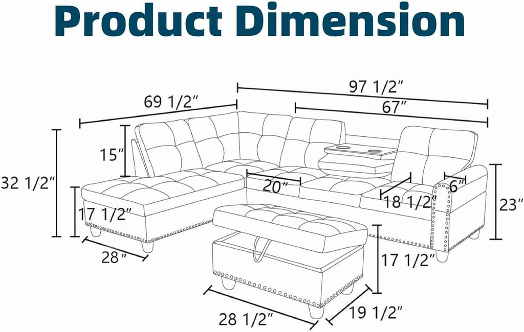 Leather L-Shaped Couch Set, 97.5"L x 69.5"W Sectional Sofas Black