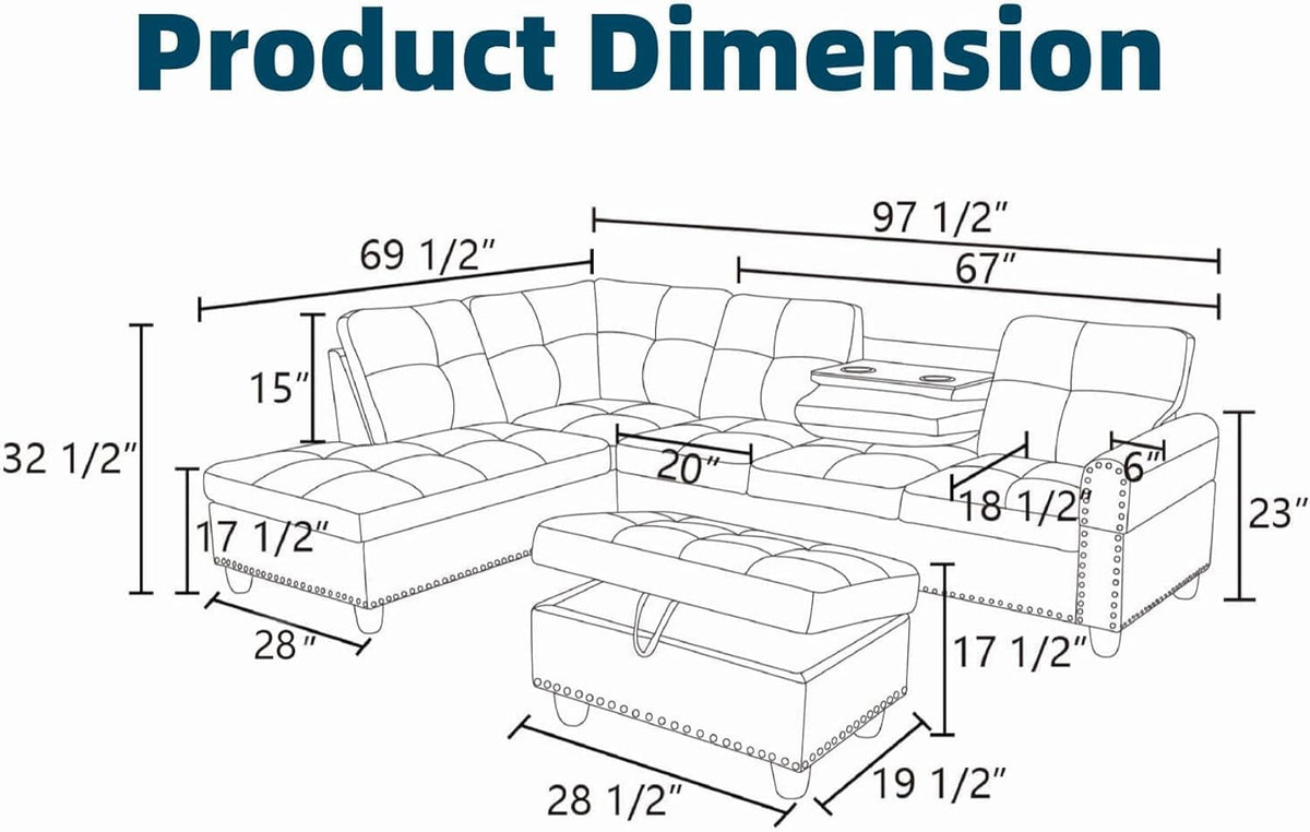 Leather L-Shaped Couch Set, 97.5"L x 69.5"W Sectional Sofas Black