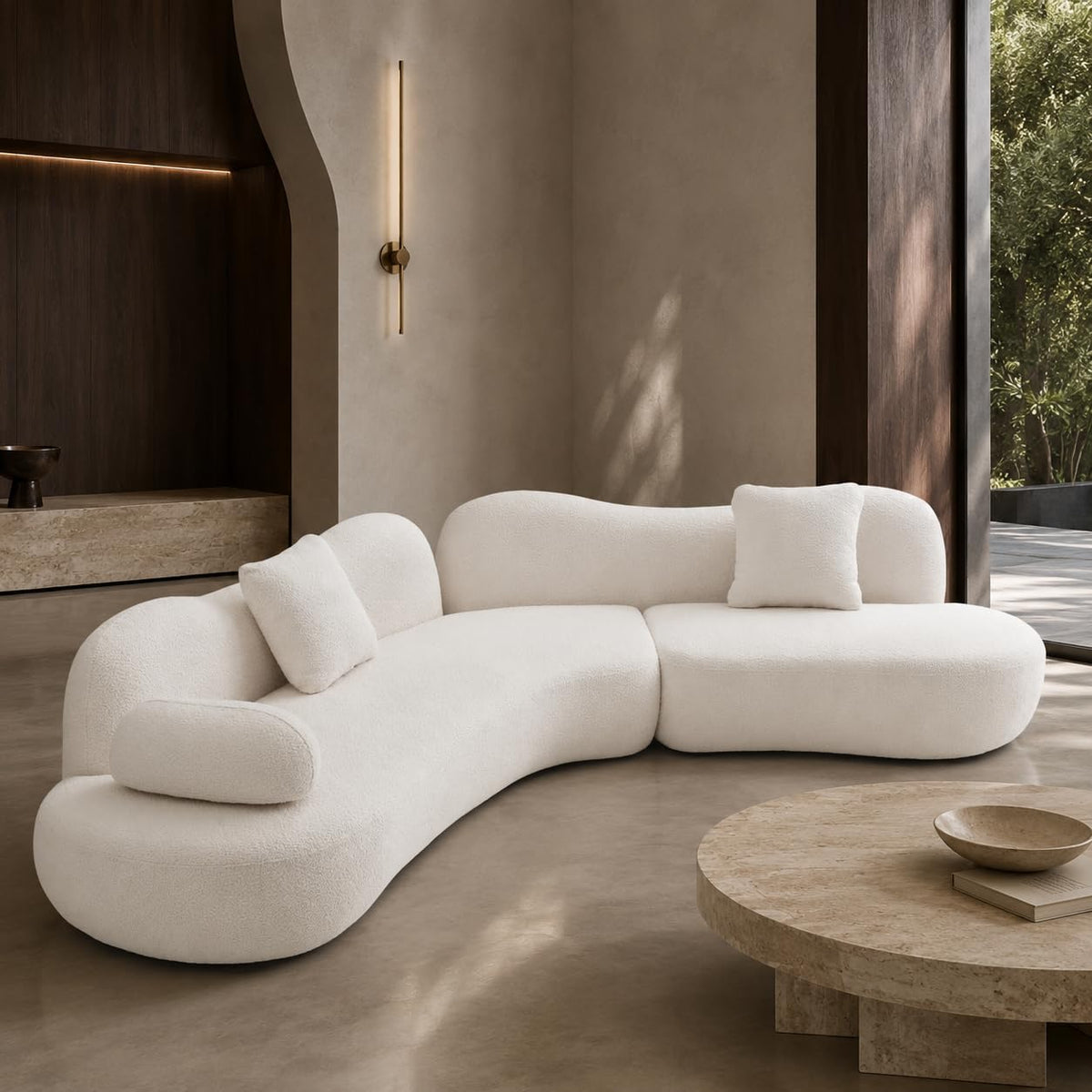 128" White Boucle Curved Sectional Sofa, 5-Seat Italian Modern Couch