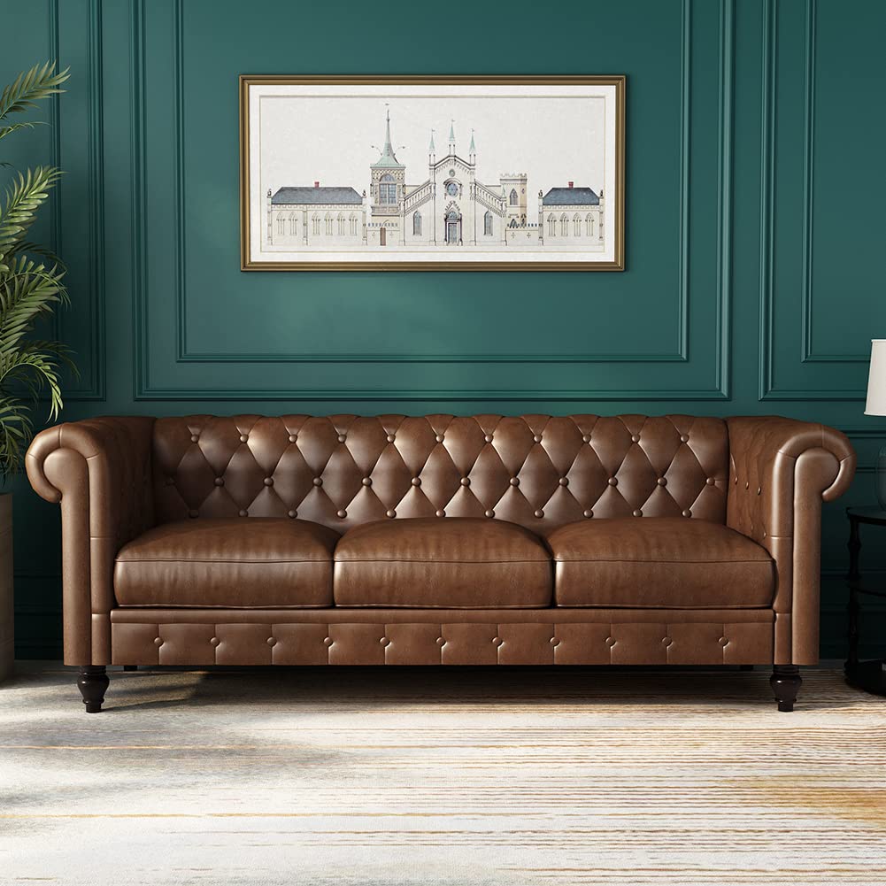 WILLIAMSPACE 88.2" Chesterfield Sofa Couch for Living Room, 3 Seater Couches Upholstered Tufted PU Sectional Sofa for Office Apartment - Brown