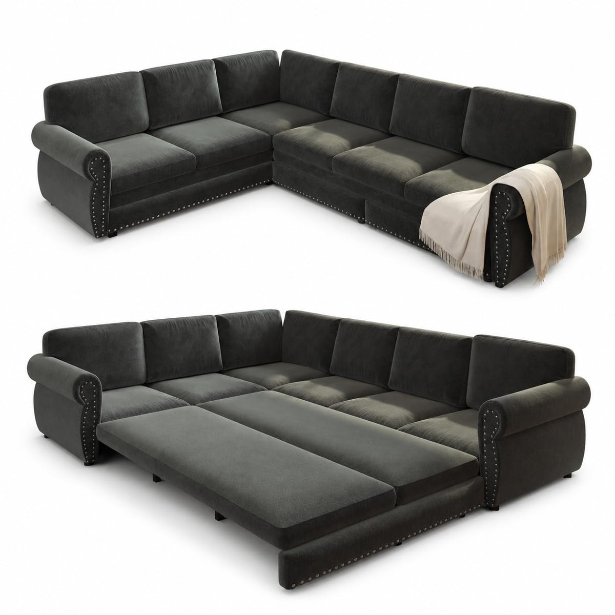 118" Sectional Sleeper Sofa with Pull Out Bed Chenille 6 Seater Couch